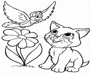 chat ami avec un oiseau dessin à colorier