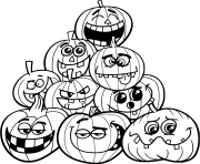 halloween plusieurs citrouilles emotions dessin à colorier