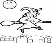 Coloriage une vieille sorciere sur son balai volant avec 2 chauve souris dessin