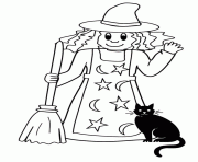 sorciere simple avec son chat noir dessin à colorier