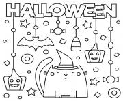 joyeuse halloween avec chat citrouille et decorations dessin à colorier