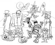 Coloriage joyeuse halloween personnage et citrouilles dessin