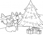 bonhomme de neige avec un sapin et des cadeaux de noel dessin à colorier