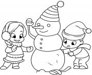 les enfants construisent un bonhomme de neige dessin à colorier
