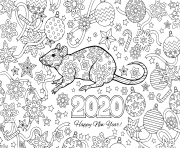 Coloriage nouvel an 2020 rat and festive objects image pour calendar