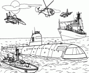 transport militaire bateau navire sous marin helicoptere dessin à colorier
