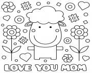 fete des meres sheep fleurs coeurs love you maman dessin à colorier