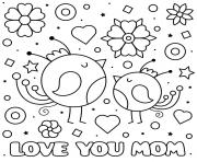 fete des meres love you maman baby birds coeurs fleurs dessin à colorier