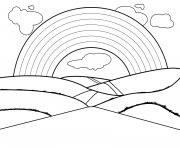 Coloriage magnifique paysage de nature avec arc en ciel et nuages dessin