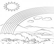 village en montagne avec un arc en ciel et un soleil dessin à colorier