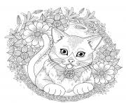 chat mandala avec fleurs et roses dessin à colorier