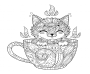 petit chaton dans tasse de cafe pour une detente dessin à colorier