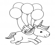 une licorne vol avec des ballons dans les airs dessin à colorier