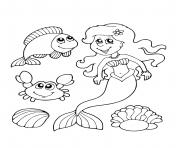 sirene et ses amis marins poisson et crabe dessin à colorier