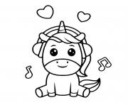 papa licorne kawaii casque de musique dessin à colorier