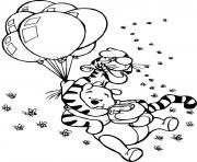 tigrou et winnie dans les airs avec les ballons et un pot de miel dessin à colorier