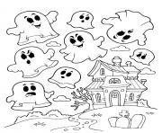 Coloriage maison hantee avec fantomes halloween pour petit dessin