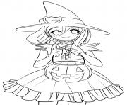 mignonne princesse sorcière avec un citrouille en automne dessin à colorier