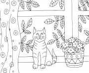 un chaton pres de la fenetre dans sa maison dessin à colorier