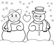 amour entre deux bonhommes de neige sous la neige dessin à colorier