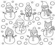 Coloriage bonhomme de neige et madame neige entoure de sapins dessin