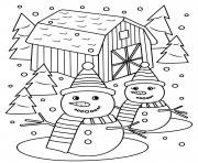 Coloriage bonhomme de neige kawaii souriant en hiver dessin