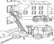 un pompier grimpe sur une echelle du camion pour sauver une fille prit dans une maison en feu dessin à colorier