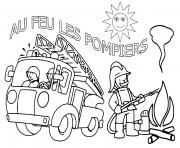 Coloriage camion de pompier avec trois pompiers pret a passer a laction dessin