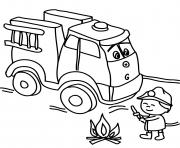 camion de pompier avec un enfant de la maternelle qui eteint le feu dessin à colorier