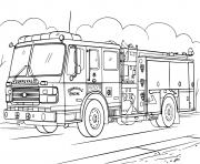 Coloriage un pompier grimpe sur une echelle du camion pour sauver une fille prit dans une maison en feu dessin