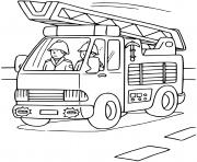 Coloriage camion de pompier avec un enfant de la maternelle qui eteint le feu dessin