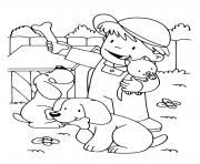 Coloriage un enfant avec son chats et ses deux chiens