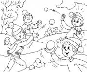 les enfants jouent a la bataille de neige en hiver dessin à colorier