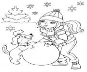 Coloriage une fille sportive fait du ski alpin en hiver neiges flocons sapins dessin