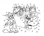 enfants maison sous la neige en hiver dessin à colorier