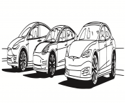 les trois vehicules Tesla dessin à colorier