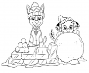 Pat Patrouille Ryder et Marshall sur un lit de glace et boule de neige dessin à colorier