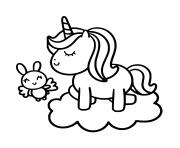 Licorne Kawaii avec son bebe sur un nuage dessin à colorier