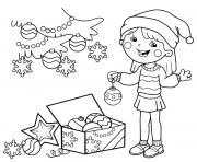 fille prepare le sapin de noel avec des decorations festives dessin à colorier