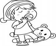 un enfant baille avec son nounours dans la main pret pour le sommeil dessin à colorier