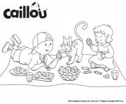 caillou mousseline et gilbert le chat preparent des oeufs de paques dessin à colorier
