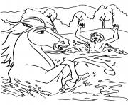 cheval spirit se rafraichit dans le lac dessin à colorier