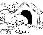 jolie chien dans sa maison au jardin et soleil eclatant dessin à colorier