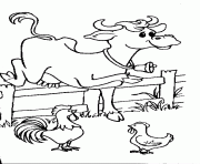 vache avec un coq et une poule dessin à colorier
