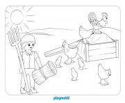 playmobil a la ferme avec poules dessin à colorier