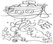 fond de mer et animaux marins avec bateau de mer dessin à colorier