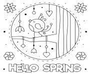 hello spring avec oiseau qui chante dessin à colorier
