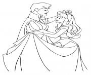 princesse la belle au bois dormant et son prince dancent sur une musique douce dessin à colorier