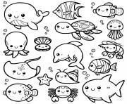 animaux de la mer kawaii mignon dessin à colorier