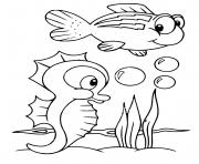 hippocampe et poisson sous la mer dessin à colorier